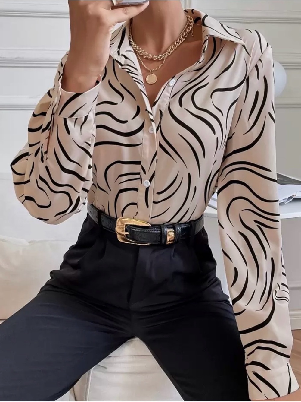 SHEIN Silky Cream Satin Button-Down with Black Wavy Print